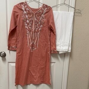 Vintage Embroidered Coral Kurta with White pant set